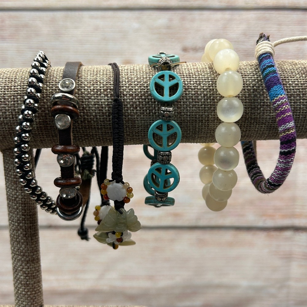 6pc‎ Boho Bracelet Lot Peace Sign Turquoise Jade Style Leather Beaded Stack